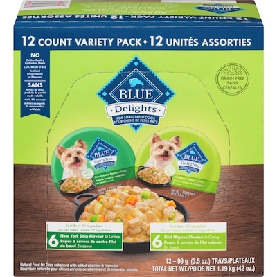 Blue Buffalo Delights Filet Mignon in Gravy & NY Strip in Gravy Variety Pack 12 ct. 1.188 kg, $1.51/100g