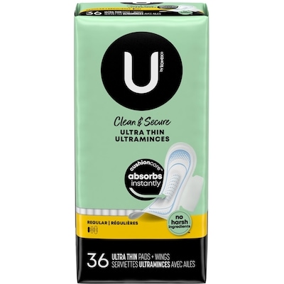 U by Kotex Serviettes ultraminces Clean & Secure avec ailes, absorption régulière, 36 unités. 36 ea, 0,31 $/1ch