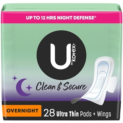 U by Kotex Clean & Secure Ultra Thin Overnight Pads with Wings, 28 Count 28 ea, $0.39/1ea