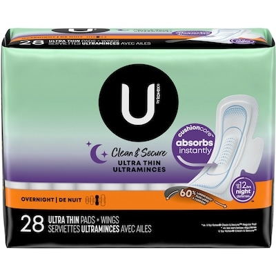 U by Kotex Serviettes ultraminces de nuit Clean & Secure avec ailes, 28 unités. 28 ea, 0,36 $/1ch
