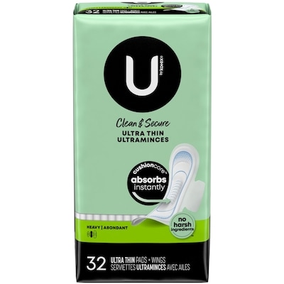 U by Kotex Serviettes ultraminces Clean & Secure avec ailes, absorption élevée, 32 unités. 32 ea, 0,31 $/1ch