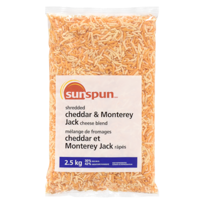 Sunspun Mélange de fromages cheddar et monterey jack râpés  2.5 kg, 1,48 $/100g
