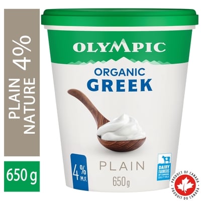 Olympic Organic Greek Plain Yogurt 4% 650 g, $1.15/100g