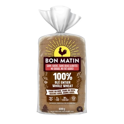 Bon Matin No Sugar, No Fat Added 100 % Whole Wheat Bread 600 g, $0.92/100g