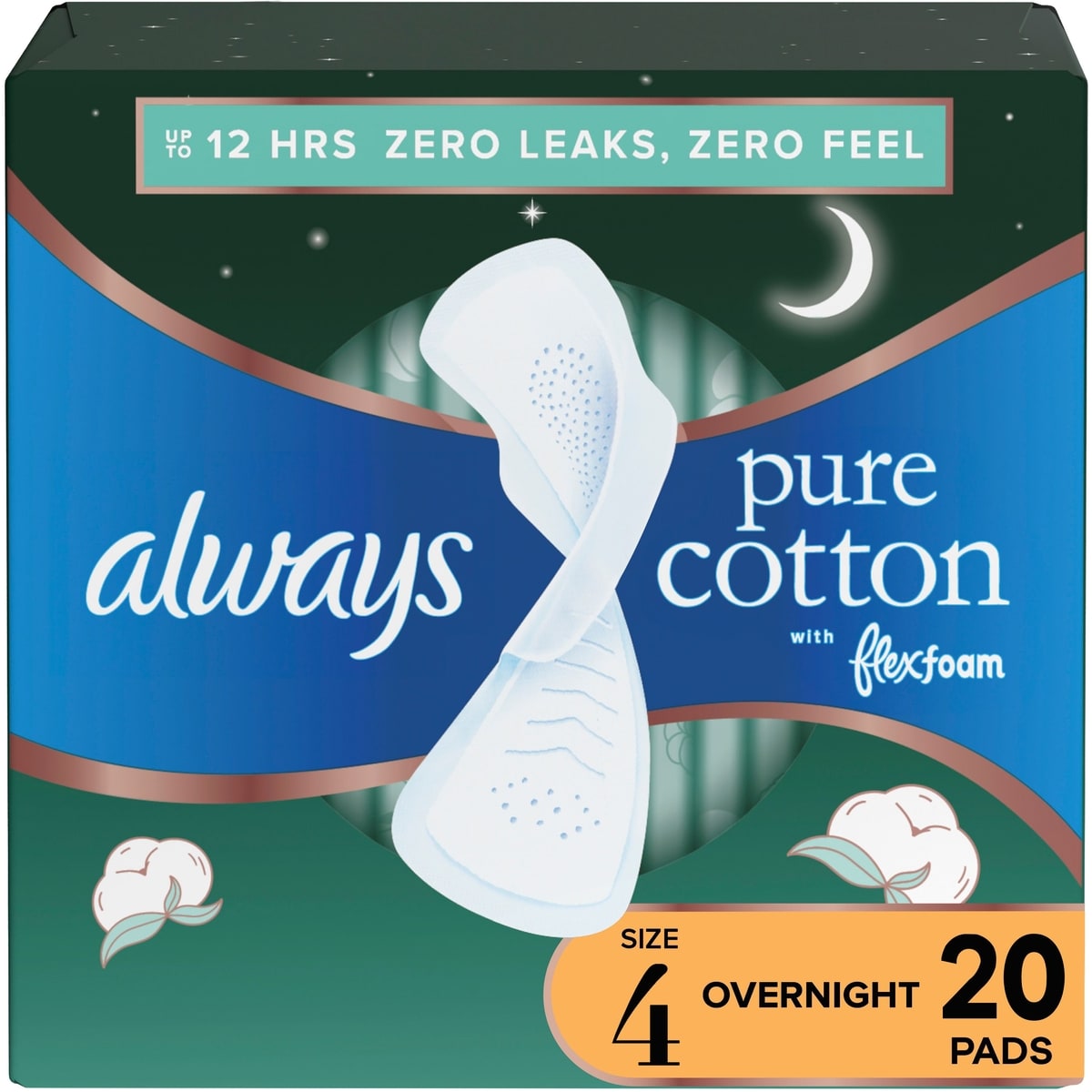 Always Pure Cotton Feminine Pads for Women, Size 4, with wings, Unscented, 20 CT 20 ea, $0.70/1ea
