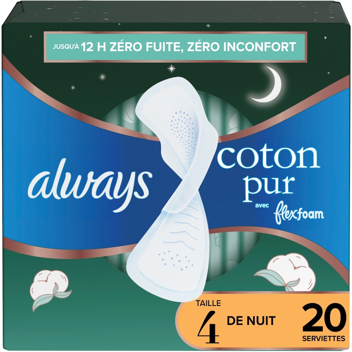 Always Serviettes Pure Cotton, avec ailes, pour femmes, taille 4, non parfumées, 20 serviettes 20 ea, 0,70 $/1ch