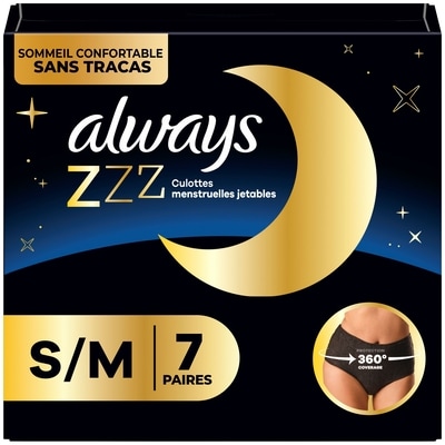 Always Sous-vêtements jetables pour les règles ZZZ de nuit, protection à 360° pour des nuits sans tracas, pour femmes, taille P/M, 7 sous-vêtements 7 ea, 2,14 $/1ch
