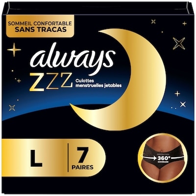 Always Sous-vêtements jetables pour les règles ZZZ de nuit, protection à 360° pour des nuits sans tracas, pour femmes, taille G, 7 sous-vêtements 7 ea, 2,14 $/1ch