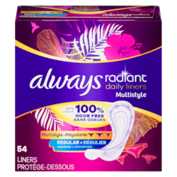 Radiant Daily Multistyle Liners Regular, Unscented, Up to 100% Odor-free, 54 CT