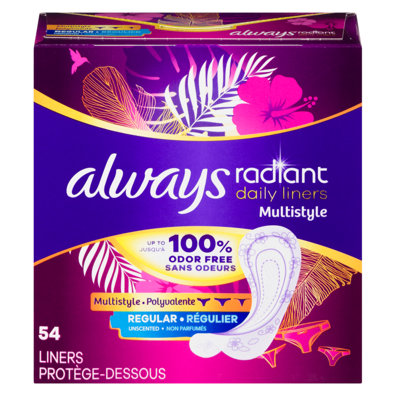 Radiant Daily Multistyle Liners Regular, Unscented, Up to 100% Odor-free, 54 CT