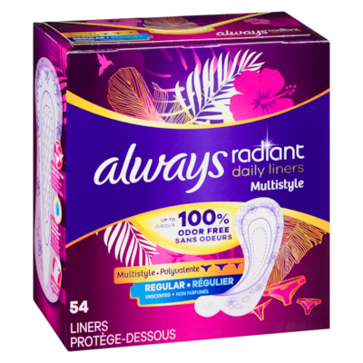 Radiant Daily Multistyle Liners Regular, Unscented, Up to 100% Odor-free, 54 CT
