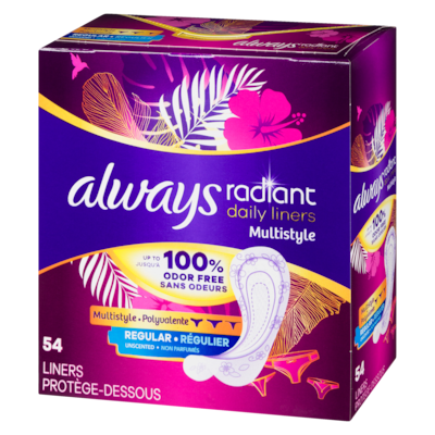 Radiant Daily Multistyle Liners Regular, Unscented, Up to 100% Odor-free, 54 CT