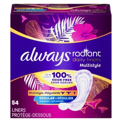 Always Protège-dessous quotidiens Radiant polyvalents, degré d’absorption régulier, non parfumés, protection jusqu’à 100 % sans odeurs, 54 u 54 ea, 0,12 $/1ch