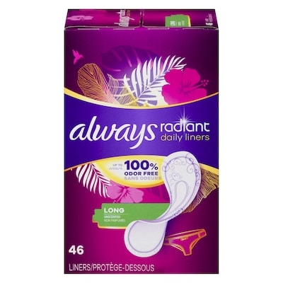 Always Radiant Daily Liners Light Absorbency, Long Length, Up to 100% Odor Free and Fragrance Free, with Edge-2-Edge Adhesive, 46 Count 46 ea, $0.15/1ea