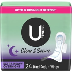 Clean & Secure Overnight Maxi Pads with Wings, Extra Heavy Absorbency, 24 Count