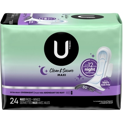 U by Kotex Serviettes maxi de nuit Clean & Secure avec ailes, absorption très élevée, non parfumées, 24 unités. 24 ea, 0,42 $/1ch