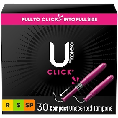 U by Kotex Click Compact Tampons, Multipack, Regular/Super/Super Plus, Unscented, 30 Count 30 ea, $0.40/1ea