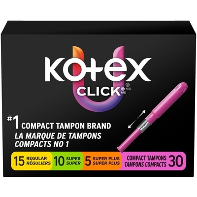 U by Kotex Click Compact Tampons, Multipack, Regular/Super/Super Plus, Unscented, 30 Count 30 ea, $0.40/1ea
