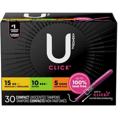 U by Kotex Tampons compacts Click emballage multiple, absorption régulière/super/super plus, non parfumés, 30 unités 30 ea, 0,40 $/1ch
