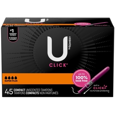 U by Kotex Tampons compacts Click, absorption super plus, non parfumés, 45 unités 45 ea, 0,37 $/1ch