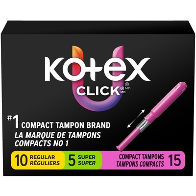 U by Kotex Tampons compacts Click, réguliers/super, emballage multiple, non parfumés, 15 tampons 15 ea, 0,37 $/1ch
