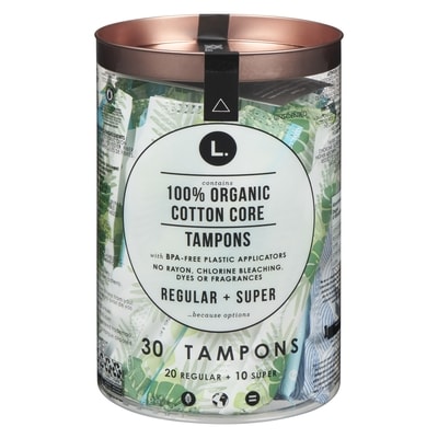 L. Cotton Tampons Regular/Super Absorbency Multipack, Free from Chlorine Bleaching, Pesticides, Fragrances, or Dyes, 30 Count 30 ea, $0.48/1ea