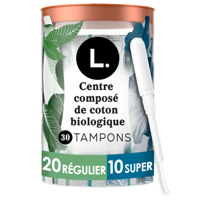 L. Tampons, fabriqués à partir de coton biologique, degré d’absorption régulier/super, 30 tampons 30 ea, 0,57 $/1ch