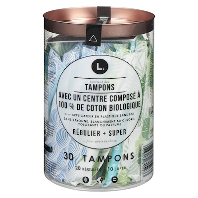 L. Tampons en coton sans blanchiment au chlore, pesticides, parfums, ni colorants, paquet multiple, degré d’absorption régulier/super, 30 tampons 30 ea, 0,48 $/1ch