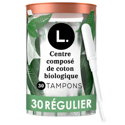 L. Tampons, fabriqués à partir de coton biologique, degré d’absorption régulier, 30 tampons 30 ea, 0,57 $/1ch
