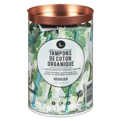 L. Tampons en coton sans blanchiment au chlore, pesticides, parfums, ni colorants, degré d’absorption régulier, 30 tampons 30 ea, 0,48 $/1ch