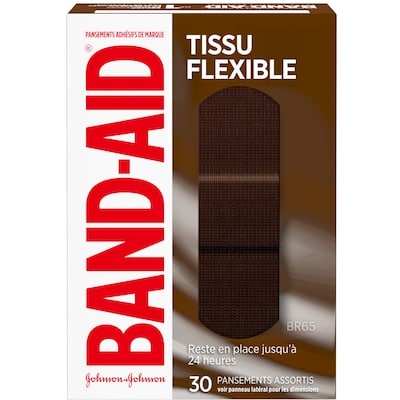 Band-Aid Pansements adhsifs Tissu flexible, pansements flexibles pour les coupures et gratignures mineures, tampon COUSSINAIDE pour les plaies douloureuses, Teint brun fonc BR65 30 ea, 0,22 $/1ch