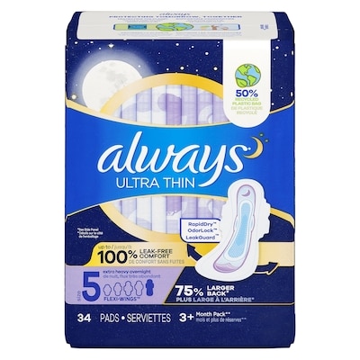 Always Serviettes Ultra Thin, de nuit, flux très abondant, avec ailes Flexi-Wings, taille 5, non parfumées, 34 serviettes 34 ea, 0,37 $/1ch