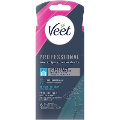 Veet Bandes de cire ProfessionalMC Visage, ligne du bikini et aisselles, peaux sensibles, avec huile d’amande, 20ct 20 ea, 0,60 $/1ch