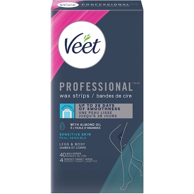 Veet Bandes de cire ProfessionalMC pour les jambes et le corps, peaux sensibles, avec huile d’amande 40ct 40 ea, 0,51 $/1ch
