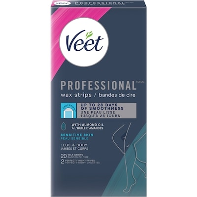 Veet Bandes de cire ProfessionalMC pour les jambes et le corps, peaux sensibles, avec huile d’amande 20ct 20 ea, 0,75 $/1ch