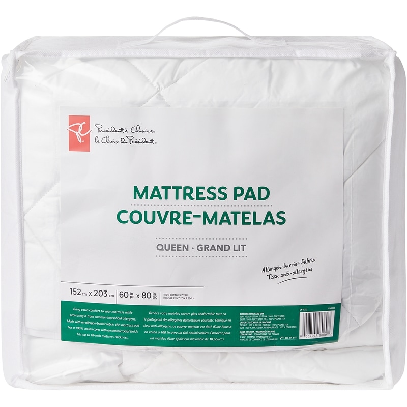 President's Choice Queen Mattress Pad, 100% Cotton Cover, Allergen-Barrier Fabric