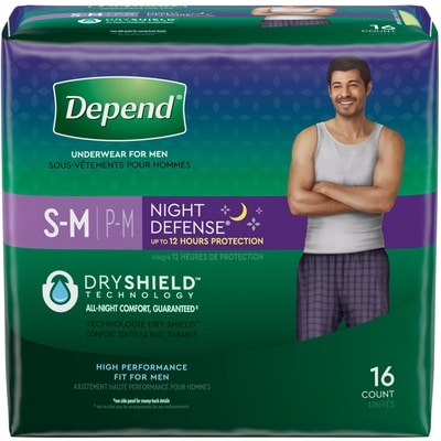 Depend Sous-vêtements d’incontinence Night Defense pour hommes, nuit, taille P/M, emballage de 16 16 ea, 1,44 $/1ch