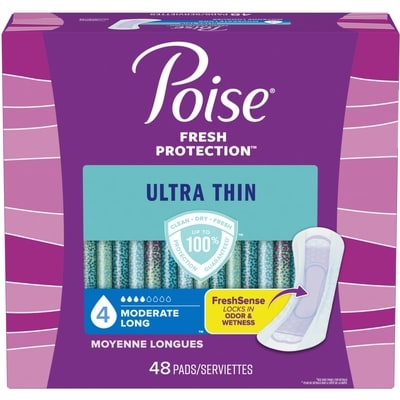 Poise Serviettes ultra minces pour incontinence Poise, absorption moyenne, longues, 48 serviettes 48 ea, 0,46 $/1ch