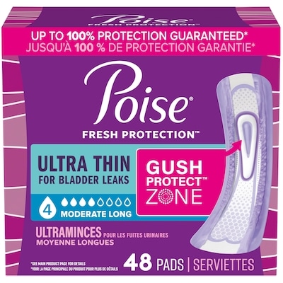 Poise Serviettes ultraminces d’incontinence et d’incontinence en période post-partum pour fuites urinaires, degré d’absorption moyen à 4 gouttes, longues, 48 unités 48 ea, 0,42 $/1ch