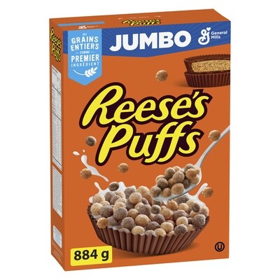General Mills Reese's Puffs, Céréales Pour le Petit-Déjeuner Saveur Beurre d'Arachide et Chocolat, Grains Entiers, Format Géant 884 g, 1,24 $/100g