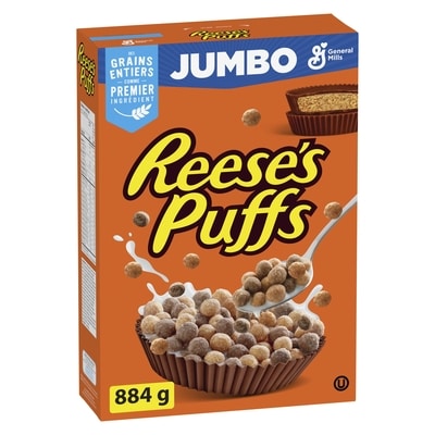 General Mills Reese's Puffs, Céréales Pour le Petit-Déjeuner Saveur Beurre d'Arachide et Chocolat, Grains Entiers, Format Géant 884 g, 1,47 $/100g