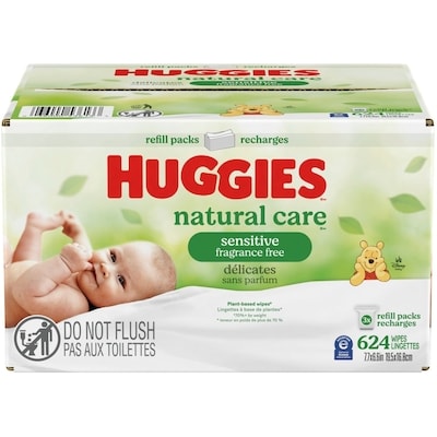 Huggies Lingettes pour bébés Natural Care pour peau sensible, NON PARFUMÉES, 3 recharges, total de 624 lingettes 624 ea, 0,04 $/1ch