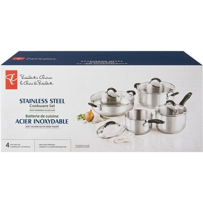 President's Choice President's Choice 8 Piece Stainless Steel Cookware Set with Break Resistent Tempered-Glass Lid and Stay Cool Handles 1 ea, $140.00/1ea