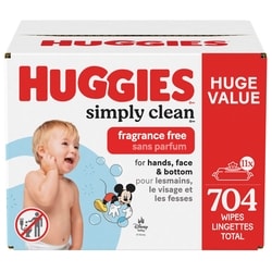 Huggies Lingettes pour bébés Simply Clean, non parfumées, 11 emballages à couvercle rabattable (total de 704 lingettes) 704 ea, 0,03 $/1ch