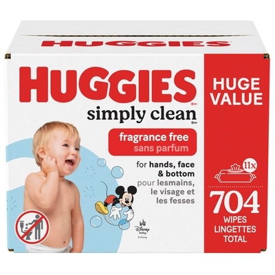 Huggies Lingettes pour bébés Simply Clean, non parfumées, 11 emballages à couvercle rabattable (total de 704 lingettes) 704 ea, 0,03 $/1ch