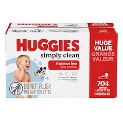 Huggies Lingettes pour bébés Simply Clean, non parfumées, 11 emballages à couvercle rabattable (total de 704 lingettes) 704 ea, 0,03 $/1ch
