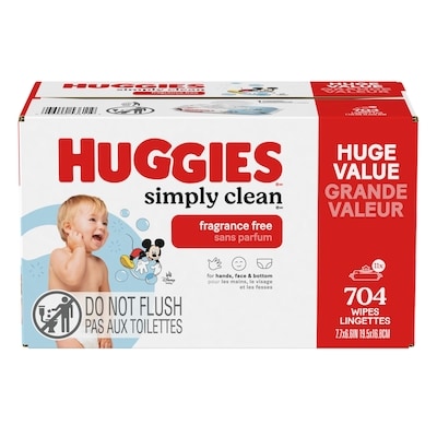 Huggies Lingettes pour bébés Simply Clean, non parfumées, 11 emballages à couvercle rabattable (total de 704 lingettes) 704 ea, 0,03 $/1ch