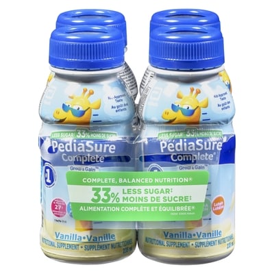 PediaSure Complete Grow & Gain Supplément Nutritionnel Vanille moins de sucre  4 x 235 ml 940 ml, 1,12 $/100ml