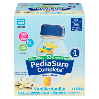PediaSure Complete Grow & Gain Supplément Nutritionnel Vanille moins de sucre  4 x 235 ml 940 ml, 1,12 $/100ml