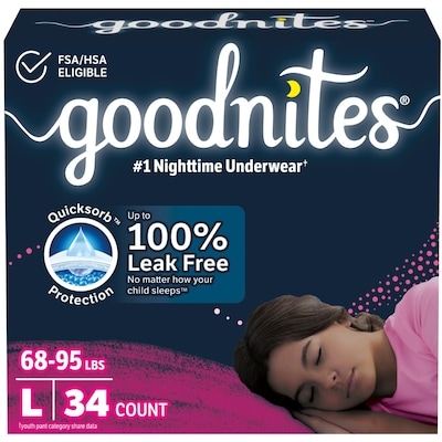 Goodnites Girls Nighttime Bedwetting Underwear, L (68-95 lbs), 34 Ct 34 ea, $1.03/1ea